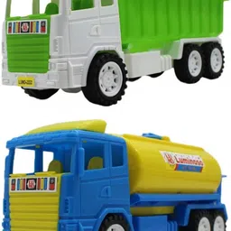 Set of 2 Combo Friction Powered Blue|Yellow Oil tanker and White|Green Dumper-image-7