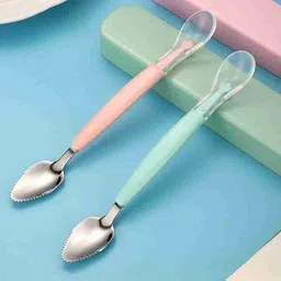 toonpur kids Double Head Soft Silicone Spoon with Scraper - Silicone, Steel, Plastic image 2