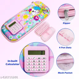 eltihr Hardtop Pencil Case with In-Built Calculator & Pen Slots for School Girls Geometry Box image 2