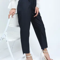 tokyo talkies Women Tapered Blue Cotton Blend Trousers-picture-11