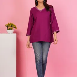 anamwear Casual Regular Sleeves Solid, Embroidered, Embellished, Lace, Printed, Striped, Ethnic Motifs Women Purple Top-picture-10