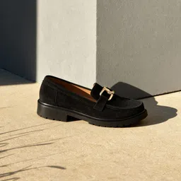 Women's Black Suede Loafers with Gold Buckle Detailing Loafers For Women-image-1
