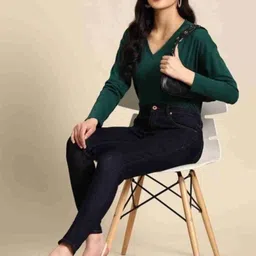 cottoncrest Women Solid V Neck Cotton Blend Green T-Shirt image 4