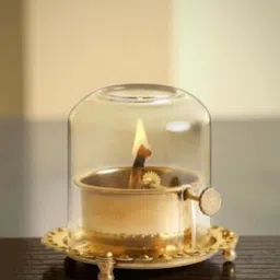 Brass Akhand Diya with Glass Cover Brass, Glass Table Diya-image-5