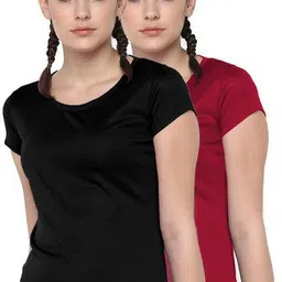 dsws Pack of 2 Women Sporty, Solid Round Neck Polyester Maroon, Black T-Shirt-picture-10