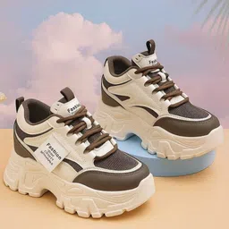 pharaoh Fashionable Chunky Sneakers in White and Brown with Bold Branding Party Wear For Women image 1