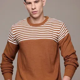 roadster Men Striped Round Neck Brown Sweater-picture-10