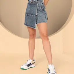 dolce crudo Solid Women Denim Blue Baggy Shorts-picture-27