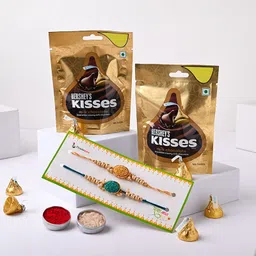 floweraura Set of 2 Designer Rakhi With Roli, Chawal & 2 Pack of Hershey's Kisses Chocolate Assorted Gift Box-picture-27