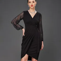 miss chase Women Wrap Black Knee Length Dress image 3
