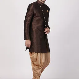 VM VM by Vastramay Men's Brown Silk Blend Sherwani Set Solid Sherwani image 3