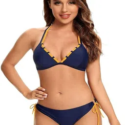 recent fashion Solid Women Bikini Blue Swimsuit image 5
