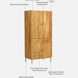 woodsworth from pepperfry Vivant Acacia Wood Wardrobe In Natural Finish With Drawer image 3