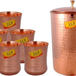 shivshakti arts Shinee Hammer Design Copper Jug Glasses Set Antique Luxury Design - ( Capacity - 1.8 Liter ) - 7 Pieces Drinkware Set Jug Glass Set image 1