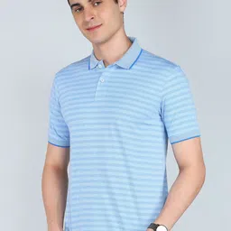 peter england Men Striped Polo Neck Polycotton Blue T-Shirt image 1