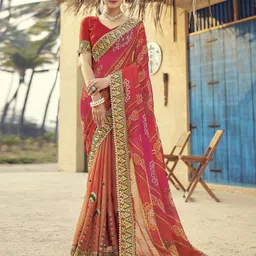 satrani Embroidered, Embellished, Printed Bandhani Chiffon Saree-picture-10