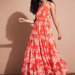 deewa Women A-line Orange, White Maxi/Full Length Dress image 3