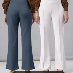 fuback Pack of 2 Women Regular Fit White, Grey Lycra Blend Trousers image 2