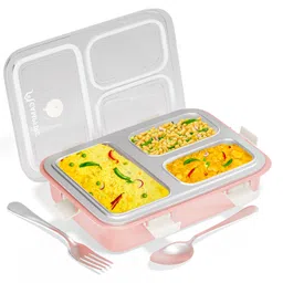 madesmart Stainless Steel 3 Compartment 900 ml Pink Lunch Box with Spoon for Kids & Adults 3 Containers Lunch Box-picture-25