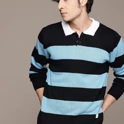 Men Striped Collared Neck Blue Sweater-image-0