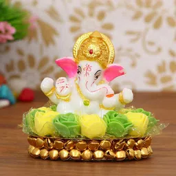 eCraftIndia White & Gold-Toned Lord Ganesha Idol On Decorative Handcrafted Plate With Flowers-picture-10