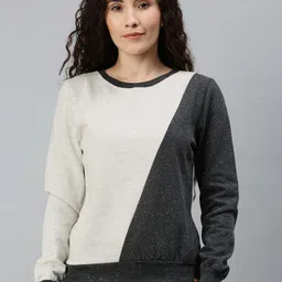 Campus Sutra Women White & Charcoal Grey Colourblocked Pullover Sweatshirt-picture-25