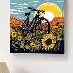 Myntra Elegant Homes Black & Yellow Sunflowers and Cycle Canvas Wall Art image 2