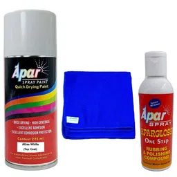 APAR Spray Paint Atlas White (RC Colour Name) - 225ml, Rubbing and Polishing Compound(100 gms), microfiber cloth(350 gsm), Compatible For Hyundai Cars image 1