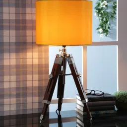 Yellow Fabric Shade Tripod Table Lamp with Brown Base by Beverly Studio image 1