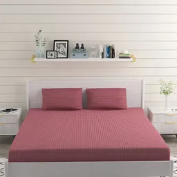 Bromwick Pink Striped Cotton 210 TC Queen Bedsheet With 2 Pillow Covers-picture-25