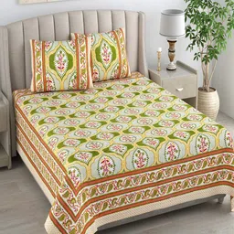Bombay Spreads White & Green Floral Cotton 180 TC King Bedsheet & 2 Pillow Covers-image-55