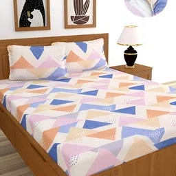 BREVARD White & Blue Geometric 210 TC Fitted King Bedsheet With 2 Pillow Covers-picture-31