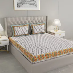 Wayne Martin Cream-Coloured & Red Floral Cotton 240 TC King Bedsheet With 2 Pillow Covers-image-37