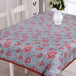 Texstylers Blue & Red Floral Anti Slip Cotton 6 Seater Table Cover-picture-3