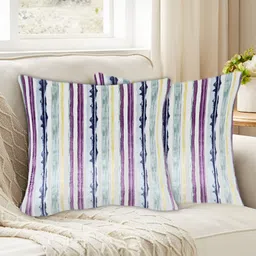 Tesmare Blue & White 2 Pieces Striped Velvet Square Cushion Covers-image-0