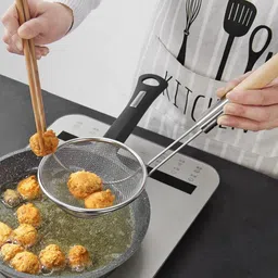 cookofriends 14cm 16cm Stainless Steel Food Strainer Wooden Handle Frying Spoon Jhara Puri Strainer image 3