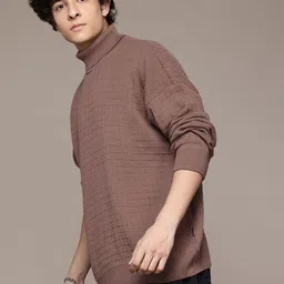 roadster Men Self Design High Neck Brown Sweater image 4