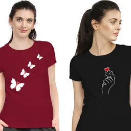 stylimo Pack of 2 Women Printed Round Neck Cotton Blend Maroon, Black T-Shirt image 2