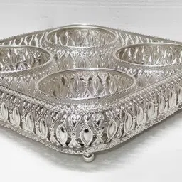 skfhandicraft Square German Silver Tray with 4 Bowls | Decorative Pooja Gift Set (5 pcs) Tray Serving Set image 5