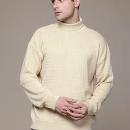 roadster Men Self Design Turtle Neck Beige Sweater image 3