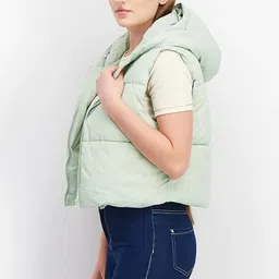 ameeha Women's Puffer Vest with Hood, Mint Green, Cropped Length, Sleeveless Winter Jacket image 3