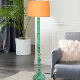 homesake Rustic Wood Floor Lamp, Walnut Brown with Multicolor Fabric Shade, Algae Stick, Yellow image 1