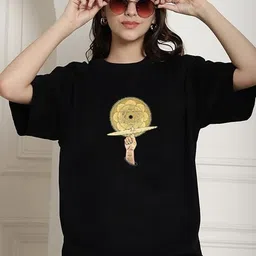 Women Graphic Print Round Neck Cotton Blend Black T-Shirt-image-11