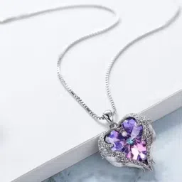 brightframe heart-shaped pendant features a dazzling purple heart necklace-01 Rhodium Plated Stainless Steel Necklace-picture-17