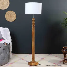 White Iron & Cloth Shade Club Floor Lamp With Wood Base by Sapphire image 2