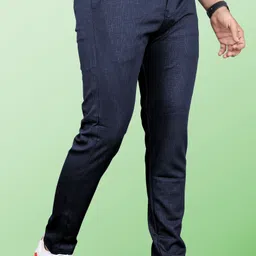 indiclub Men Slim Fit Dark Blue Linen Blend Trousers image 2