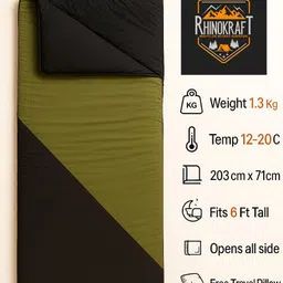 rhinokraft Spartan Olive Rectangular Lightweight 1.3 kg | Comfort 12 °Celcius | Double Side Sleeping Bag image 2