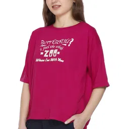 urbe Women Printed, Typography Round Neck Cotton Blend Pink T-Shirt image 4