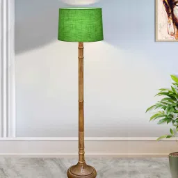 homesake Rustic Wood Floor Lamp in Walnut Brown with Multicolor Fabric Shade, Dome Base, Green image 1