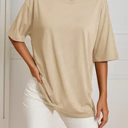 rockwell Women Solid Round Neck Cotton Blend Beige T-Shirt-picture-22